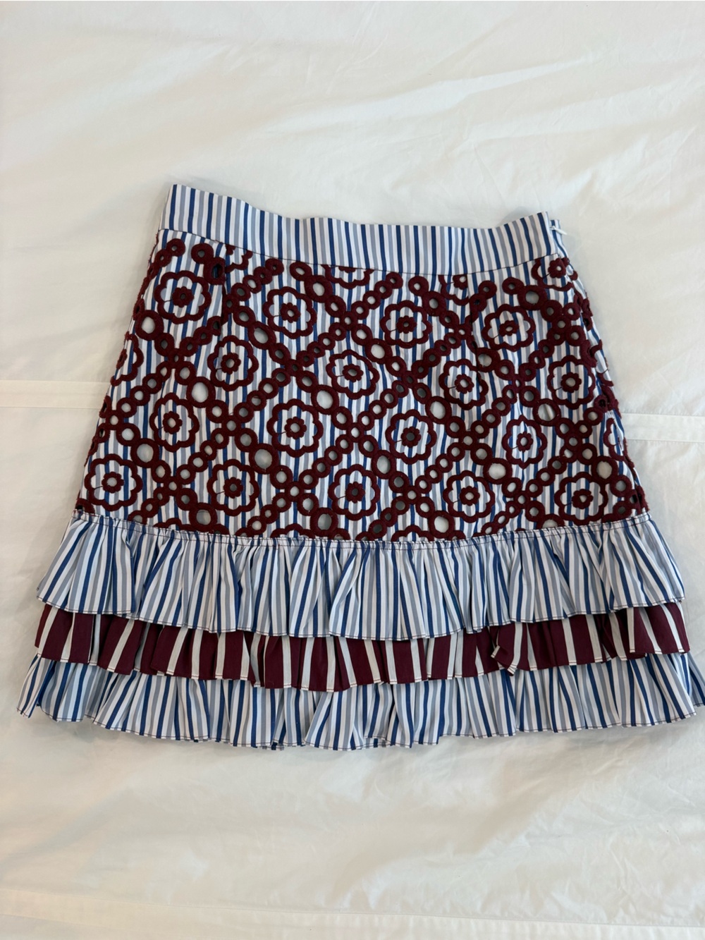 Sandro Blue-White Striped Mini with Burgundy Lace Overlay